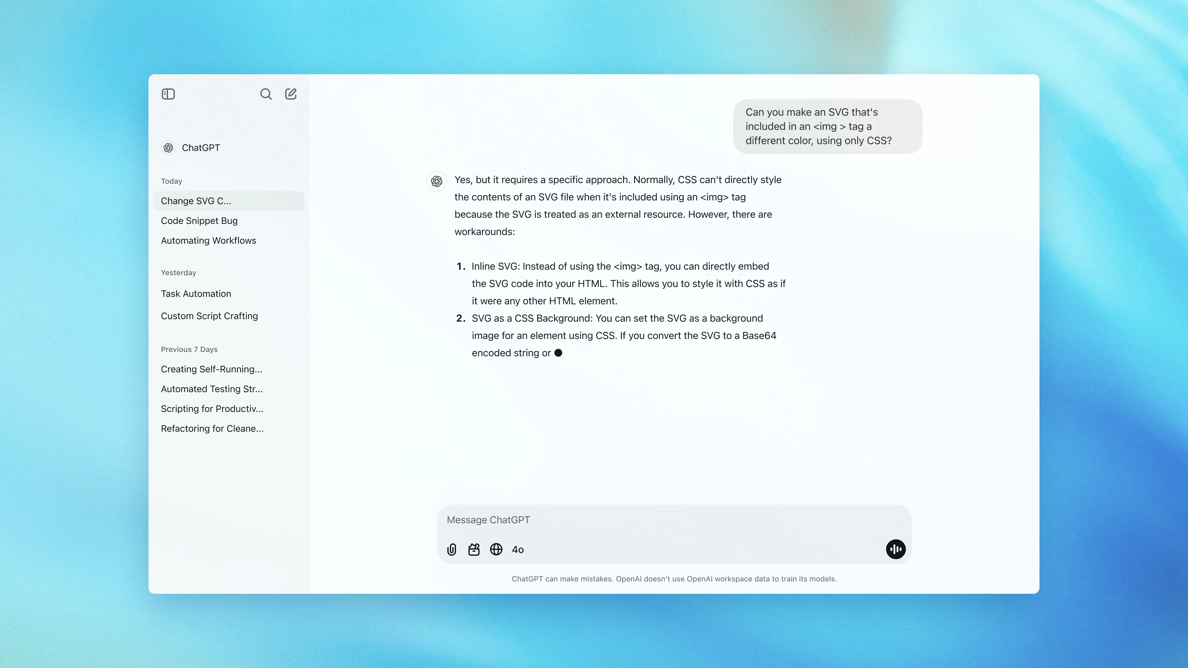 Interface de ChatGPT : une conversation où l'utilisateur demande de reformuler un e-mail, la réponse rédigée par l'assistant, l'historique des conversations à gauche et le champ de saisie « Message ChatGPT » avec le sélecteur de modèle.