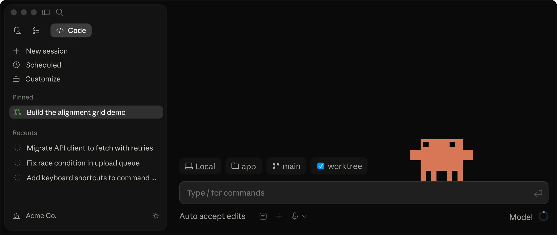 Interface de Claude Code : panneau latéral listant des sessions de développement (« Build the alignment grid demo », « Migrate API client to fetch with retries »), sélecteurs Local / dossier / branche / worktree, et champ « Type / for commands ».