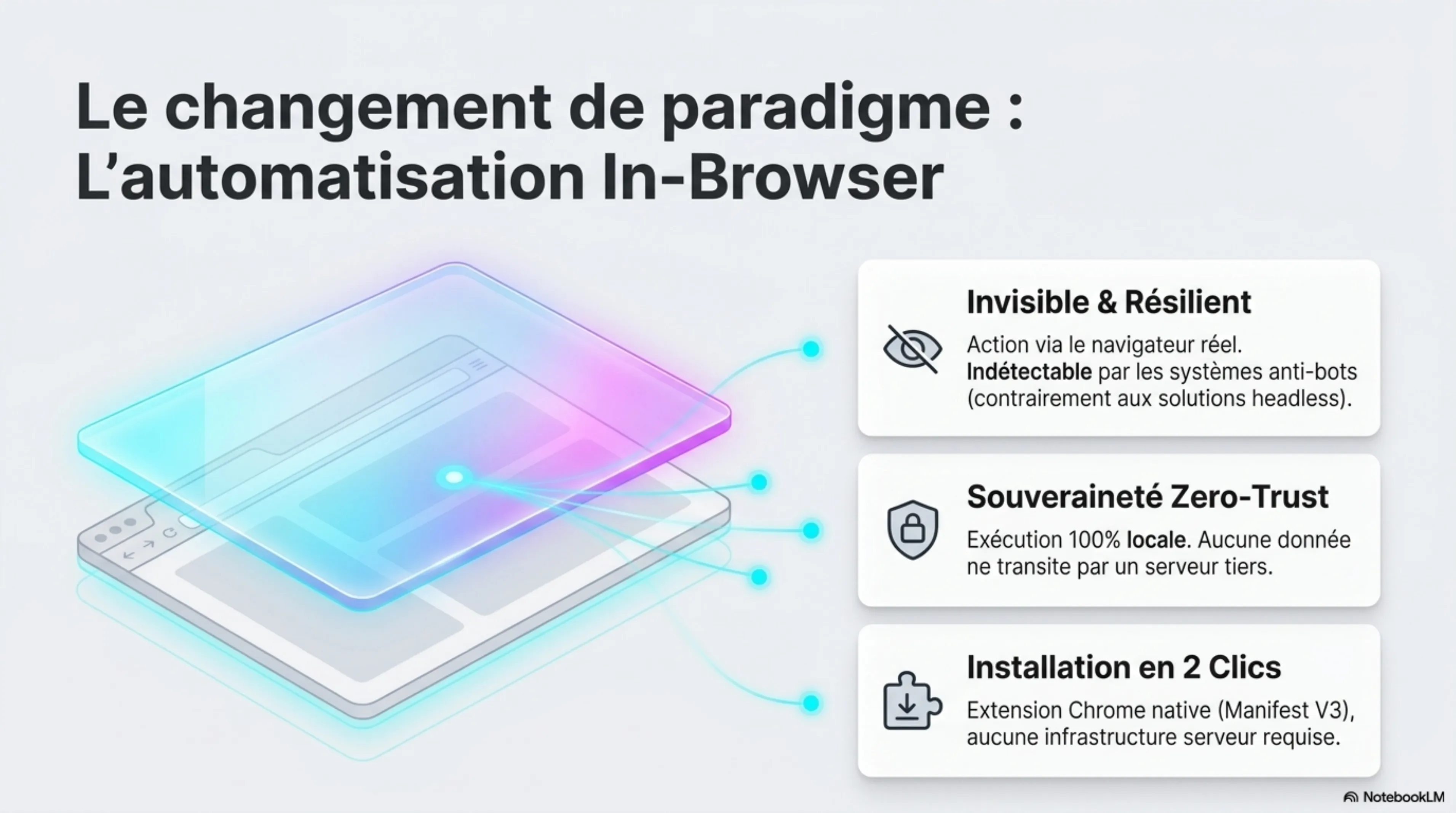 Schéma de l'automatisation in-browser : trois propriétés clés — invisible et résilient, souveraineté Zero-Trust, installation en deux clics.