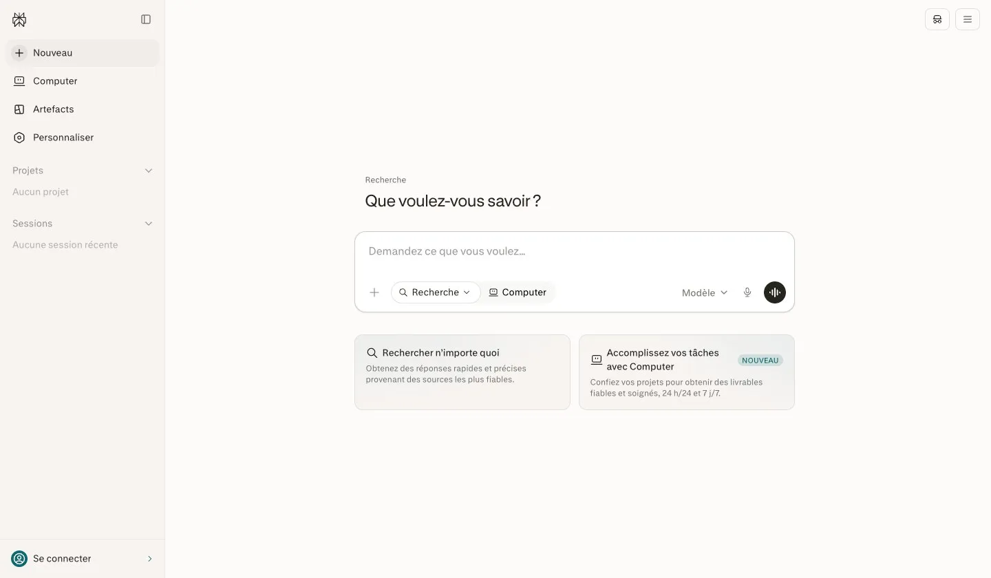 Aperçu de l'interface Perplexity