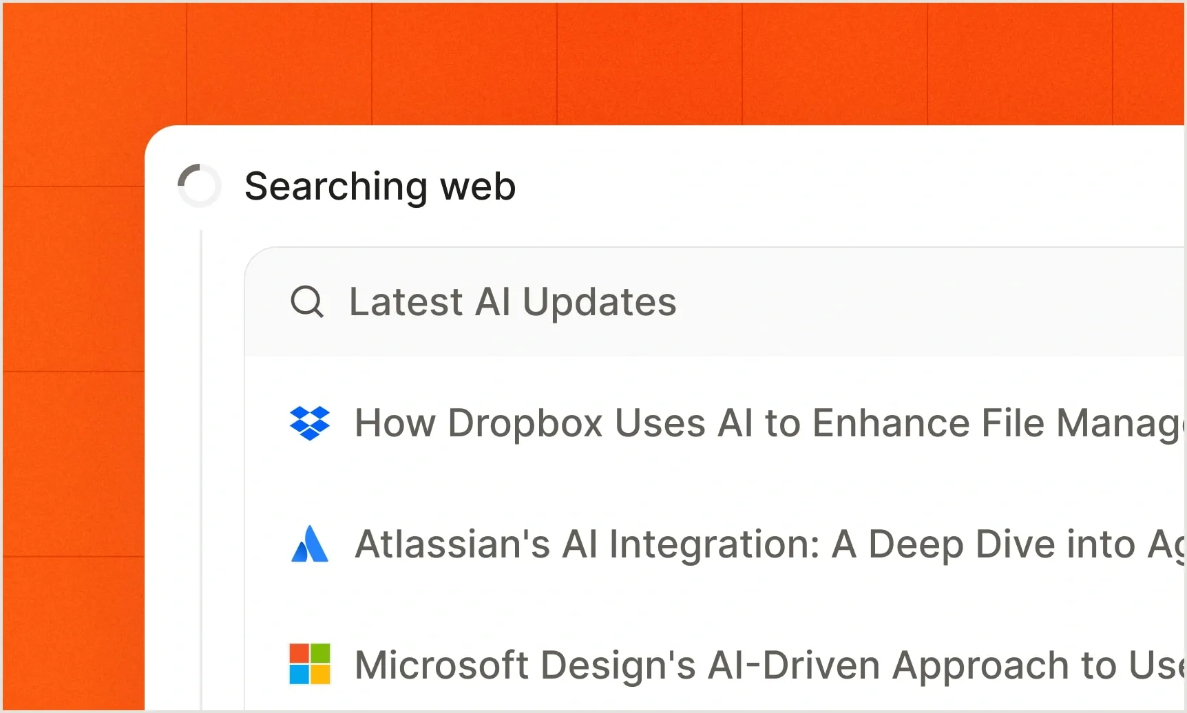 Capture de l'assistant Vibe en recherche web : un statut « Searching web », une requête « Latest AI Updates » et une liste de résultats sourcés (Dropbox, Atlassian, Microsoft) avec leurs icônes.